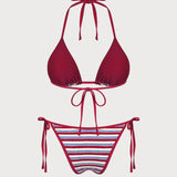 Set de bikini cu halter roșu cu dungi contrastante