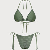 Costum de baie cu sutien halter verde, cu decupaje și șnur