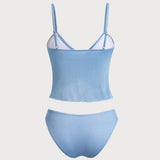Set Tankini Albastru cu Decolteu în V și Talie Elastică