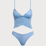 Set Tankini Albastru cu Decolteu în V și Talie Elastică
