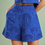 Shorts din Bumbac cu Broderie Albastră