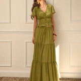 Fustă Maxi din Chiffon cu Talie Elastică Verde