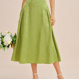 Fustă Midi din Satin Jacquard Verde cu Fâșii