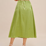Fustă Midi din Satin Jacquard Verde cu Fâșii