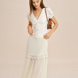 Fustă Midi Fluida cu Inserții Albă Off White