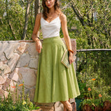 Fustă Midi din Satin Jacquard Verde cu Fâșii
