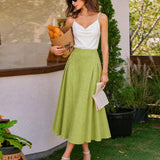 Fustă Midi din Satin Jacquard Verde cu Fâșii