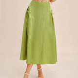 Fustă Midi din Satin Jacquard Verde cu Fâșii