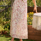 Fustă Midi cu Broderie Florală Roz