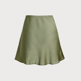 Fustă Mini A-Line din Satin Verde cu Talie Elastică